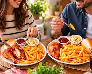 Deux personnes savourent un délicieux repas de poulet rôti accompagné de frites, de salade de chou et de pain, dans une ambiance chaleureuse à la maison.