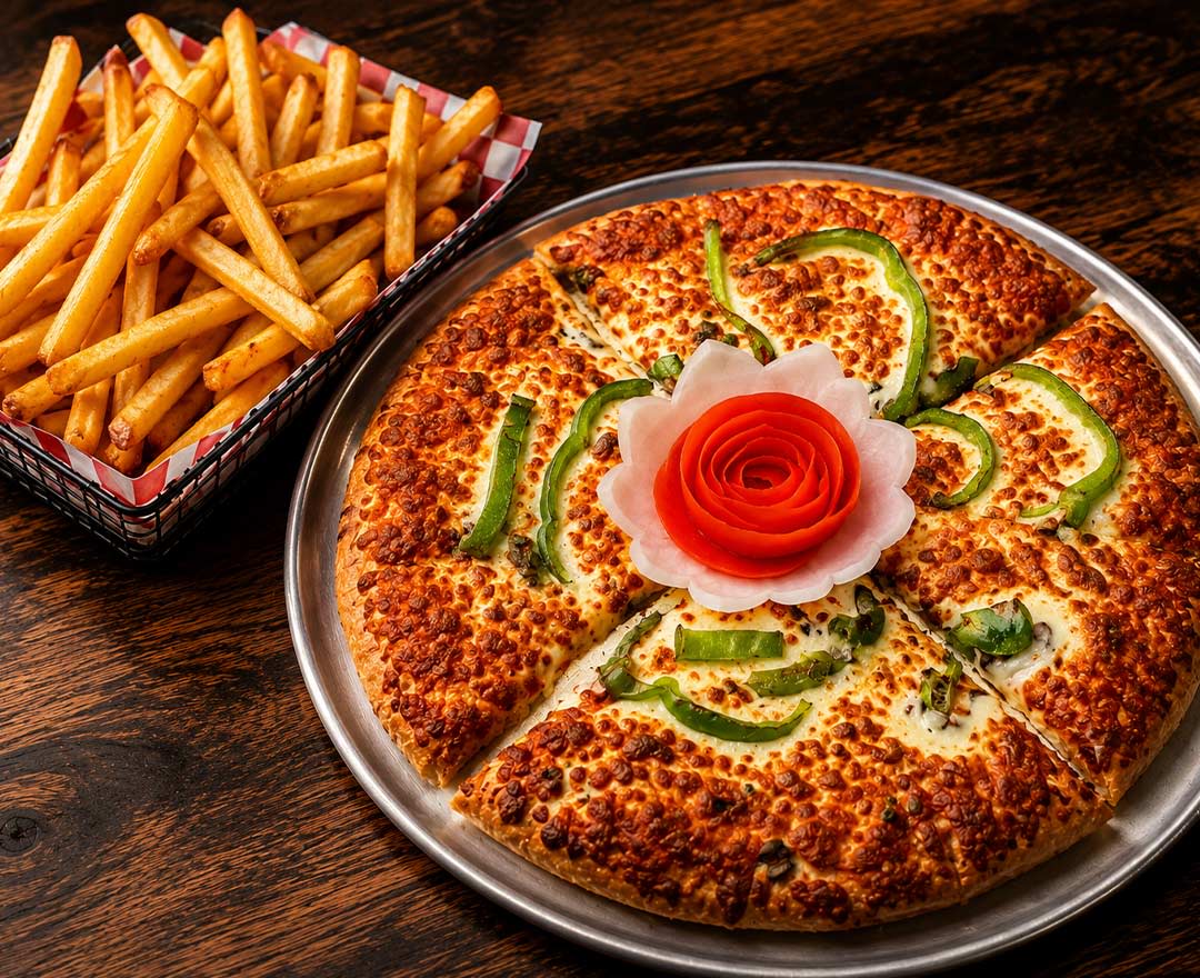 1 pizza toute garnie avec frites