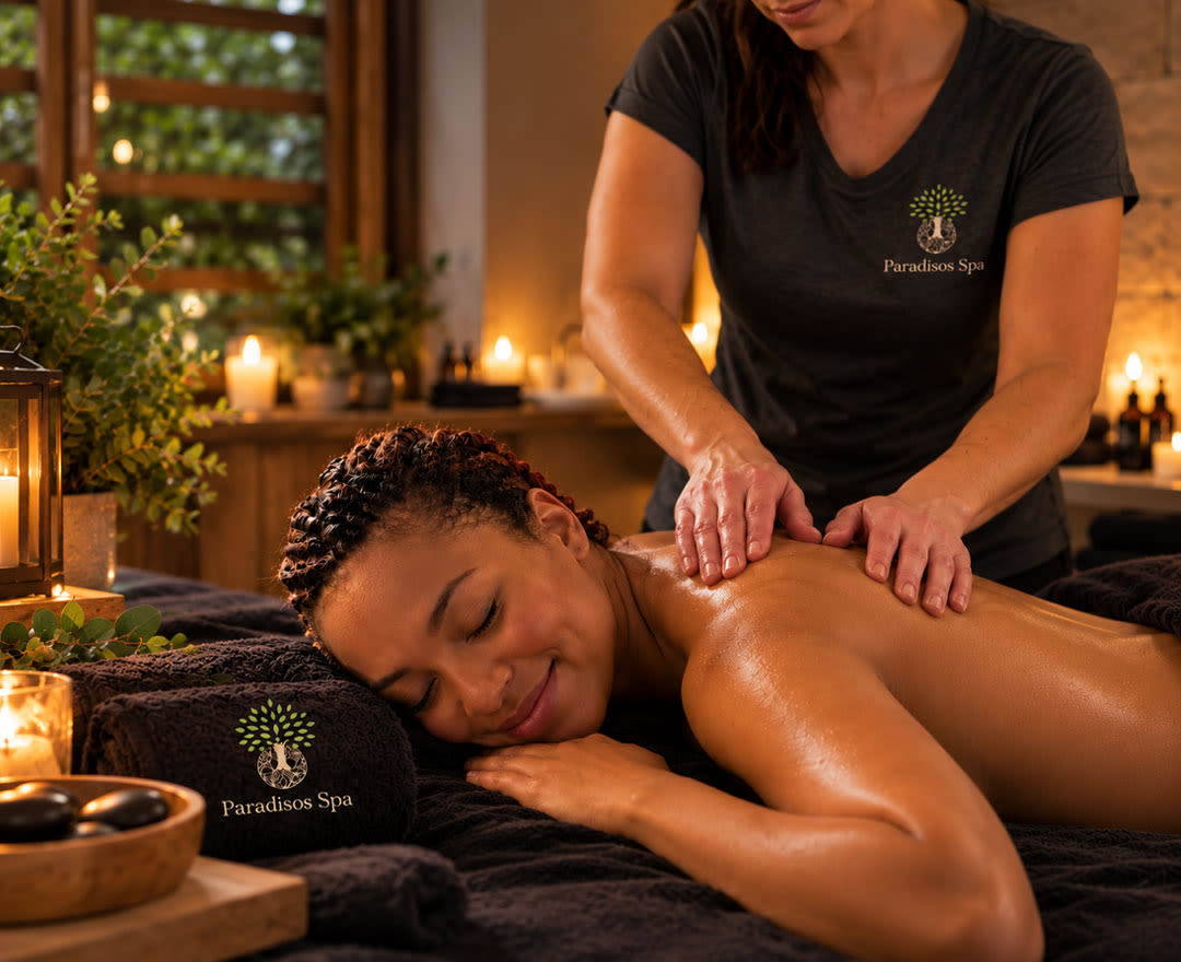 Une femme profite d’un massage relaxant dans une ambiance chaleureuse et apaisante