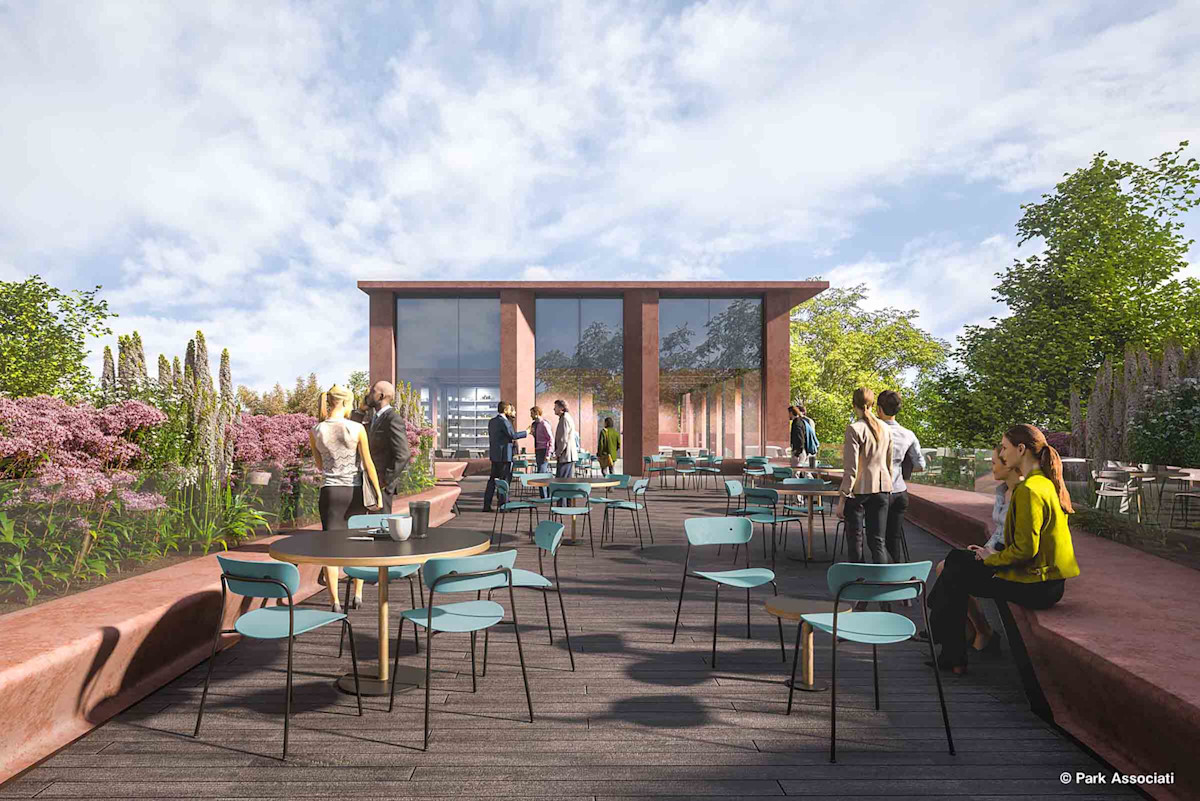 Terrazza verde al quarto piano. La terrazza interrompe la sequenza regolare dei piani, aprendo la vista verso sud e verso la città.