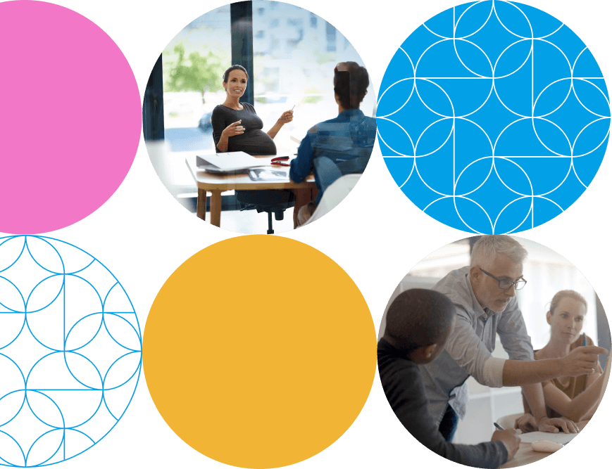 Six circles arranged in a 2x3 grid, featuring viusals of solid colors and people.