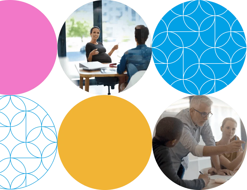 Six circles arranged in a 2x3 grid, featuring viusals of solid colors and people.