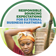 A woman wearing a patterned headscarf and carrying a watering can on her shoulder. Above her, within the same circle icon, green and blue text reads, "RESPONSIBLE SOURCING EXPECTATIONS FOR EXTERNAL BUSINESS PARTNERS."