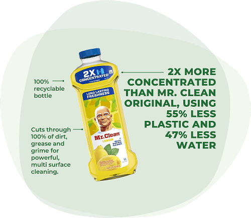 Mr. Clean Liquids: 100% recyclable bottle. Cuts through 100% dirt, grease and grime for powerful, multi surface cleaning. 2x more concentrated than Mr. Clean Original, using 55% less plastic and 47% less water.