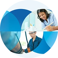 The upper right section shows a woman with dark hair, wearing a light blue shirt and writing on a piece of paper. The lower left section shows a person wearing safety glasses and a blue shirt.