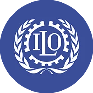 A white emblem featuring letters "ILO" at the center. The letters are surrounded by a gear-like circle and two olive branches that meet at the bottom.  A blue circle outline surrounds the icon.