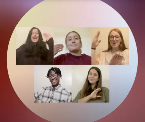 Five persons using sign language on a video call.