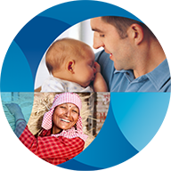 The upper right image shows a man holding a baby close to his chest. The lower left shows a woman wearing a checkered headscarf and a red checkered shirt, smiling.