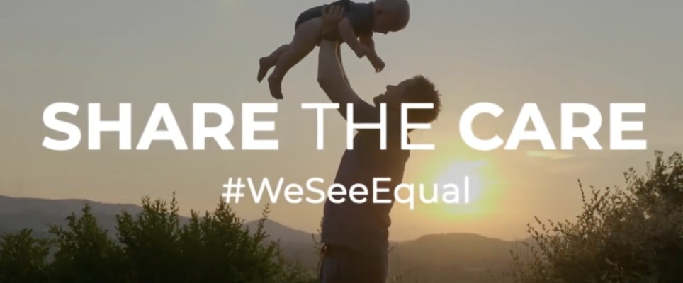 Father lifting his baby in the air with text over the image: SHARE THE CARE #WeSeeEqual