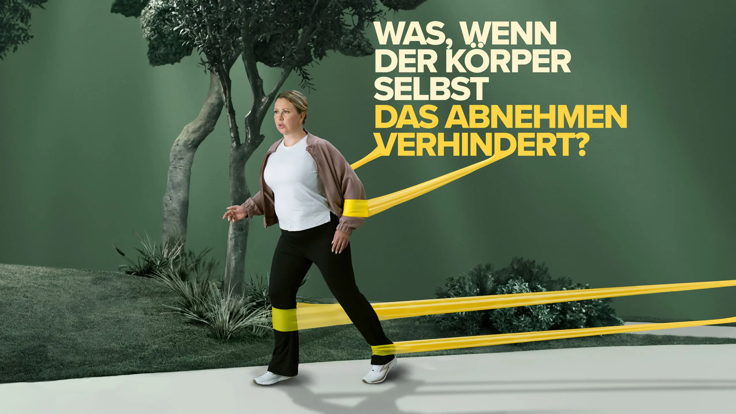Frau mit Widerstandsbändern, die sie an Ort und Stelle halten, mit den Worten: „Wenn der Körper selbst das Abnehmen verhindert.“