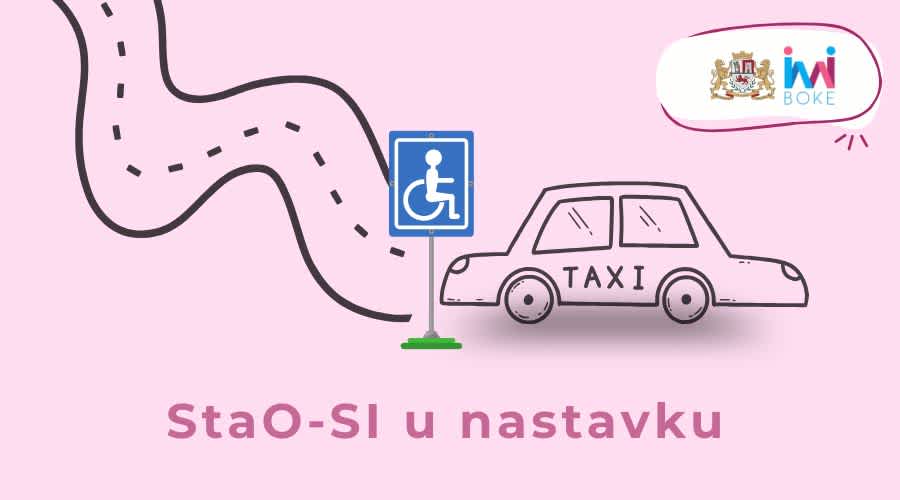 Put, taksi i znak za OSI, roze boje pozadina u rozi naslov ,,StaO-SI u nastavku''