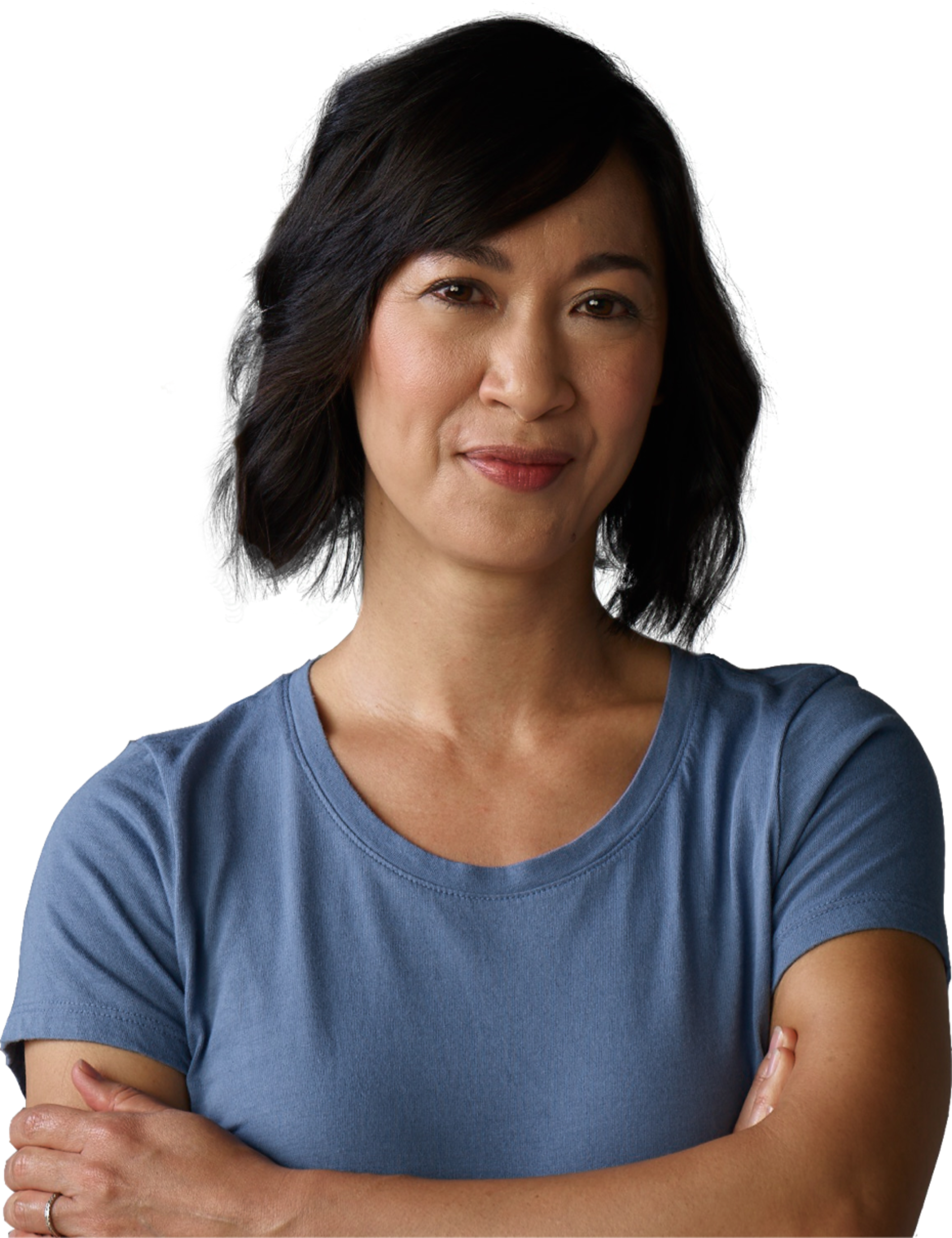 Blue shirt on women looking straight