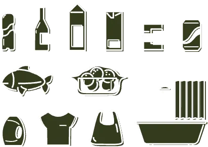 icones de vários produtos alimentares, roupa e banheira