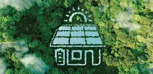 Casa com painel fotovoltaico desenhada na floresta