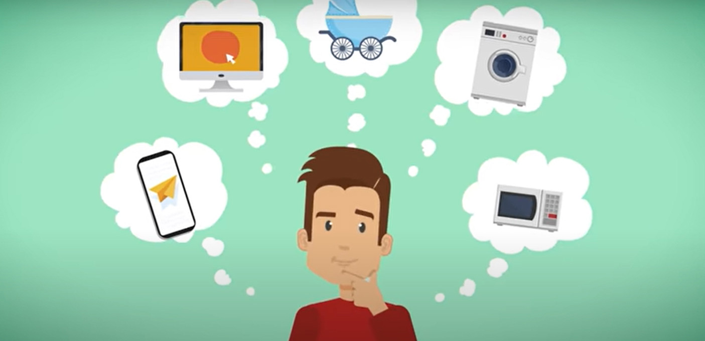 jovem a pensar em telemóveis, computadores, máquinas de lavar-roupa, micro-ondas, carrinhos de bébe