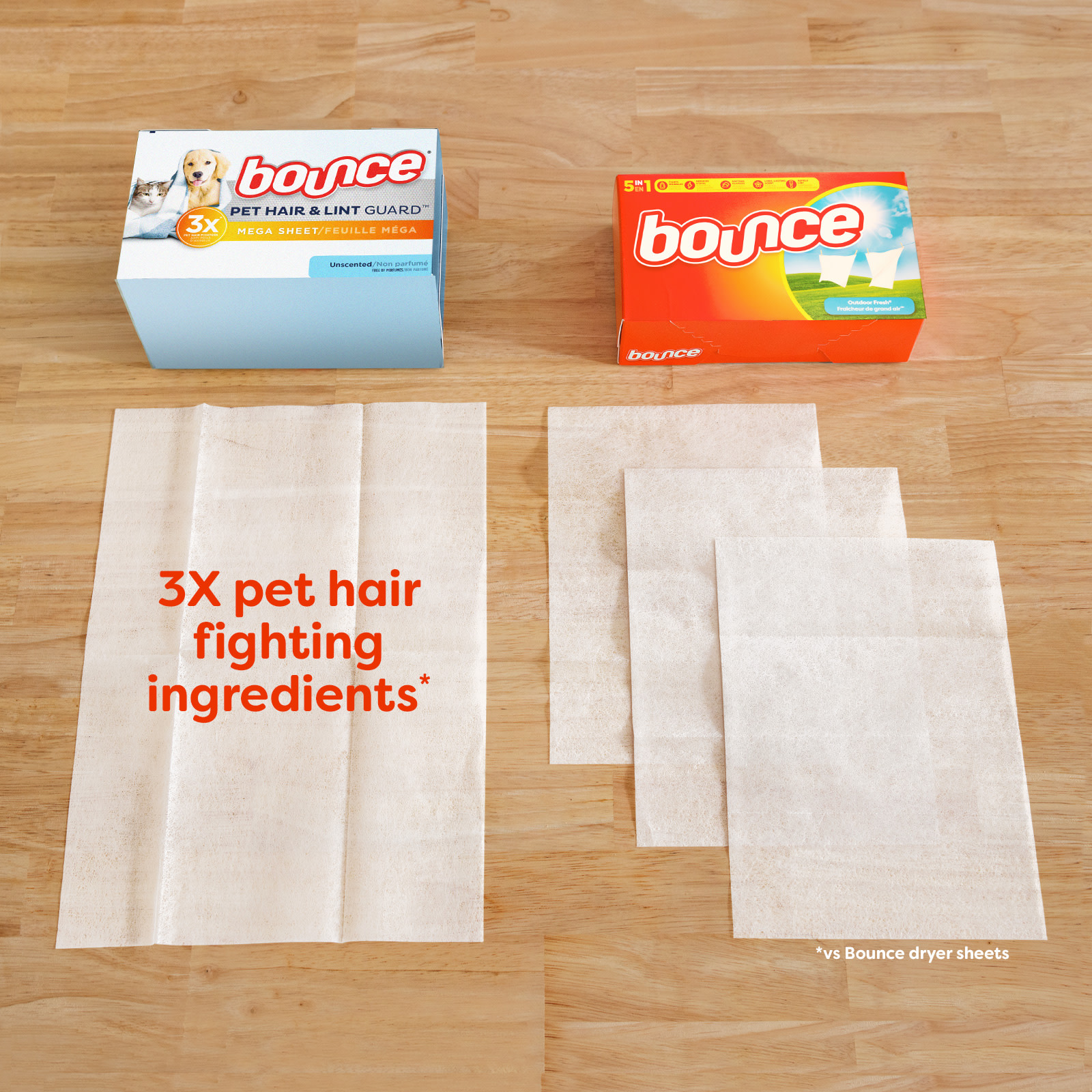 Bounce Pet Hair Unscented Dryer Sheets: 3X pet hair fighting ingredients