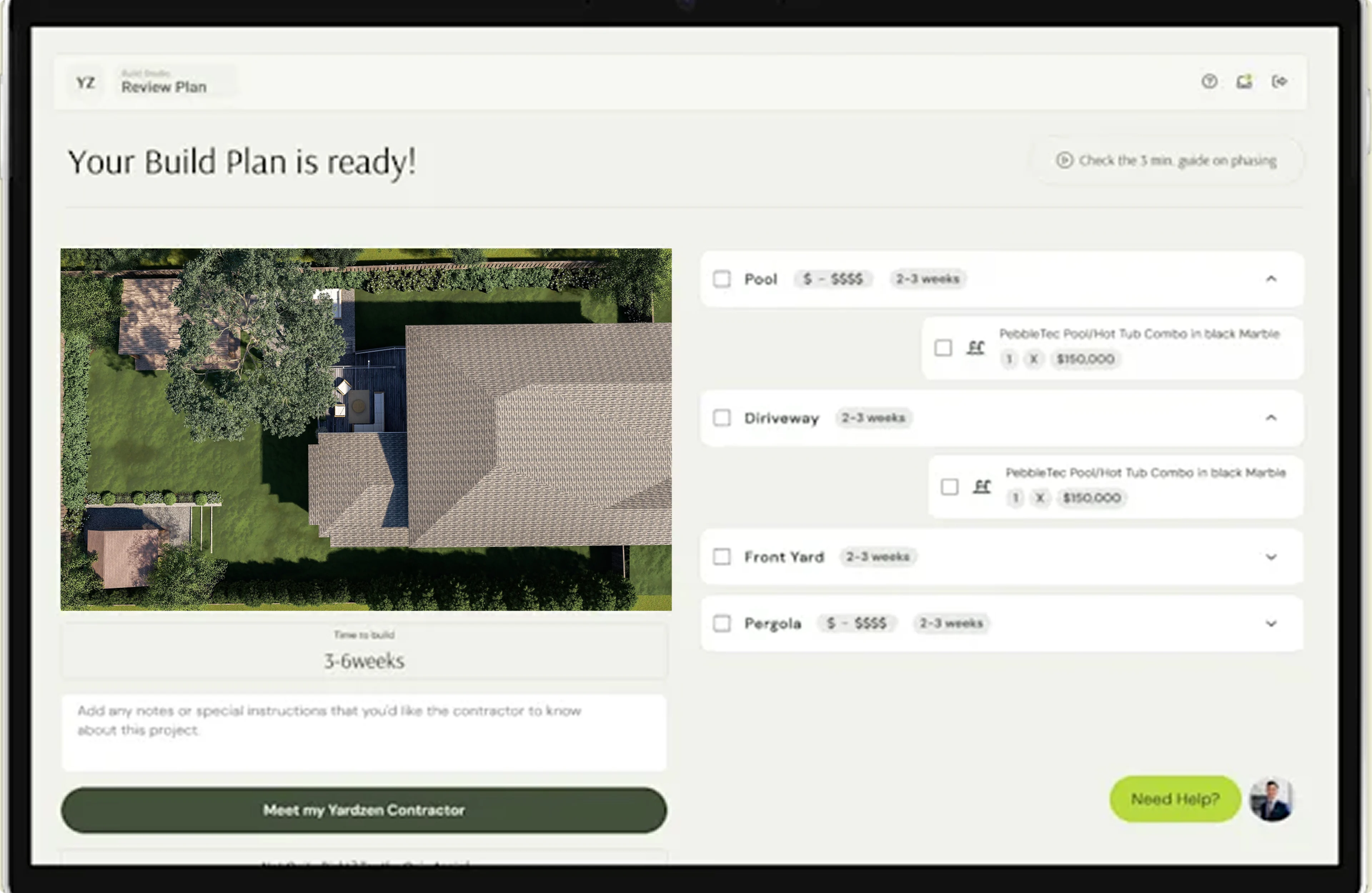Digital interface showing a completed build plan with aerial view of backyard and cost options.