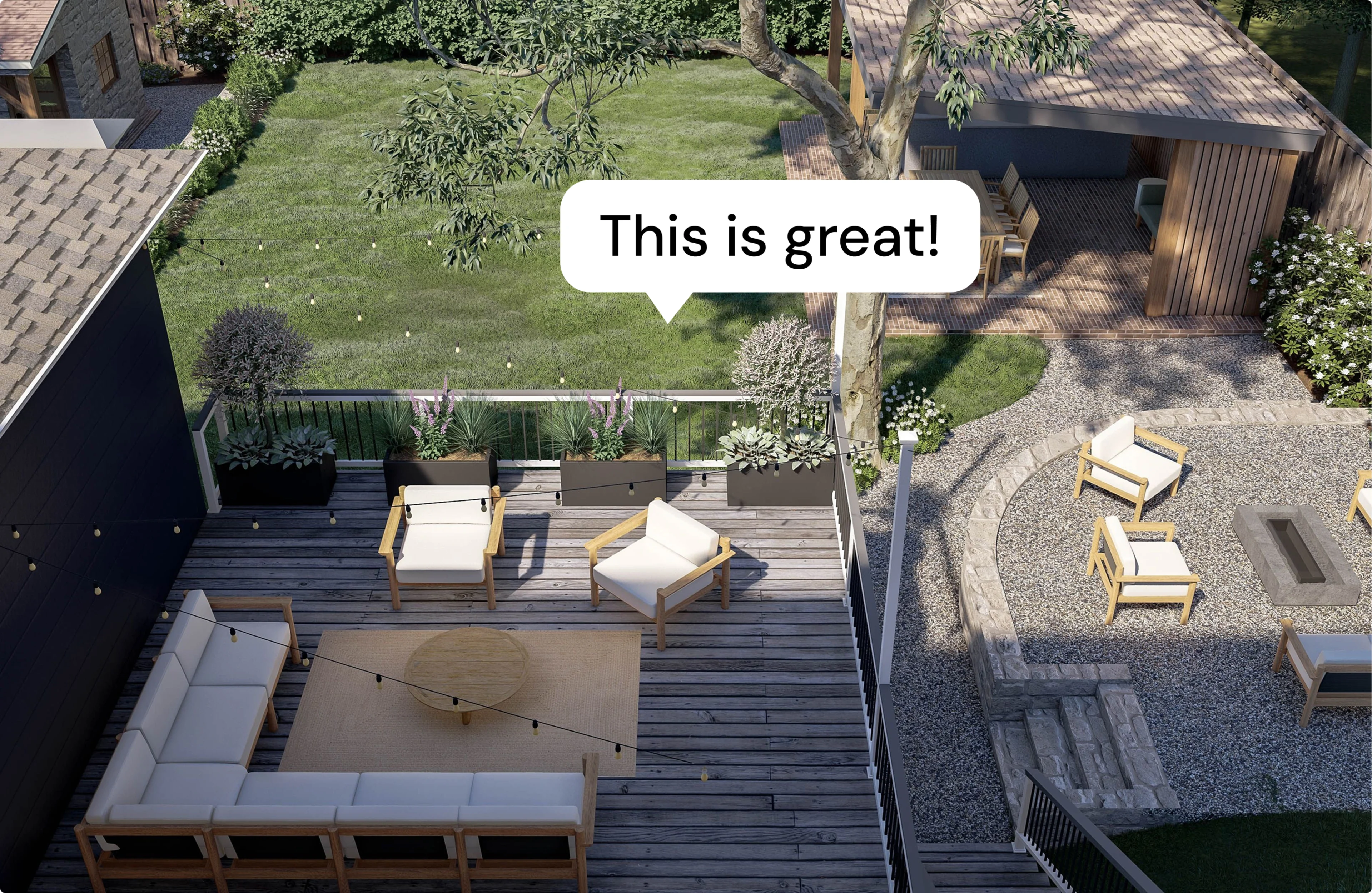 3D render of modern backyard with lounge seating, wooden deck, and a speech bubble that says “This is great!”.