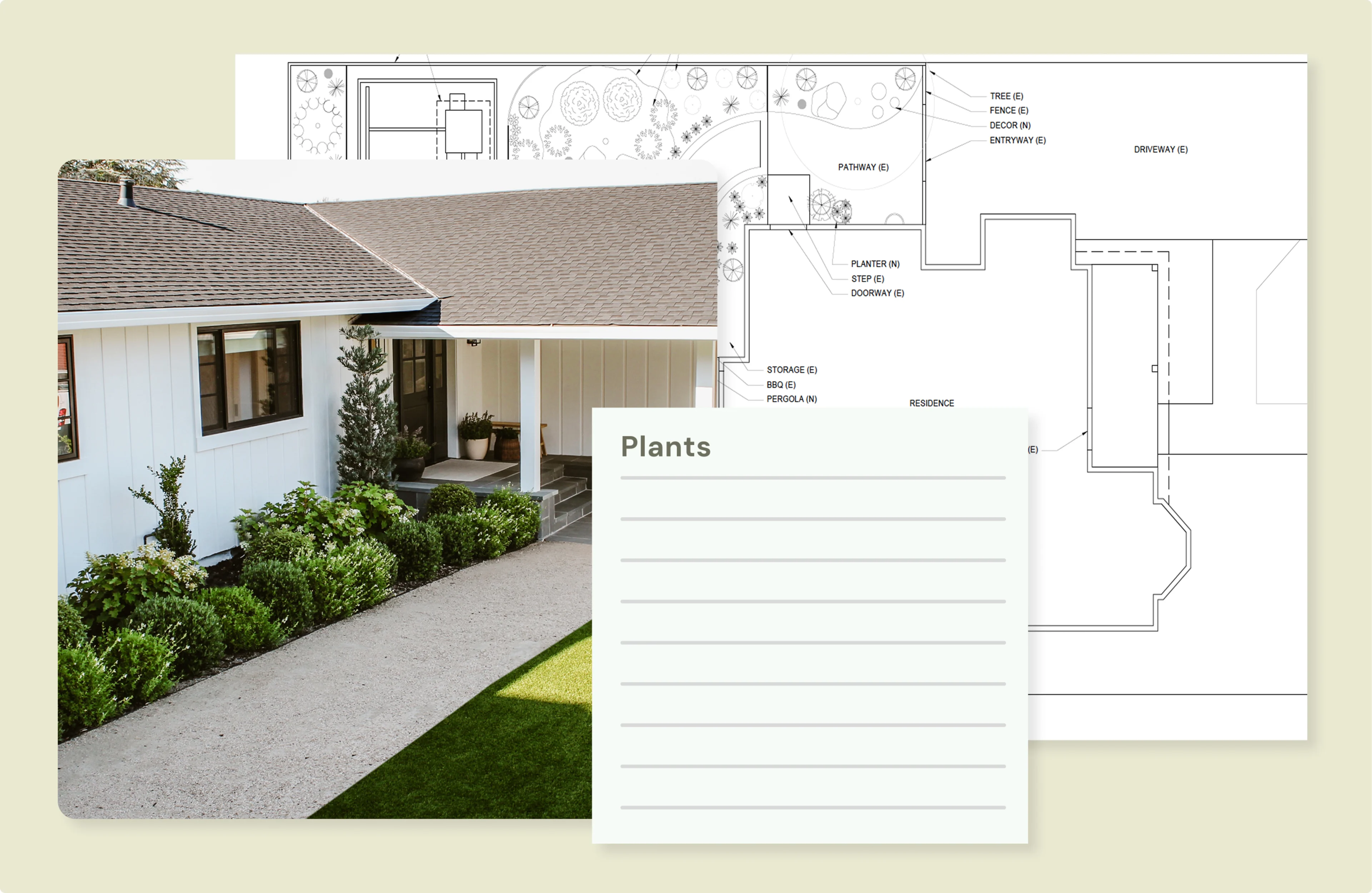 Garden design plans and plant list illustration overlaid on a landscaped front yard and house exterior.