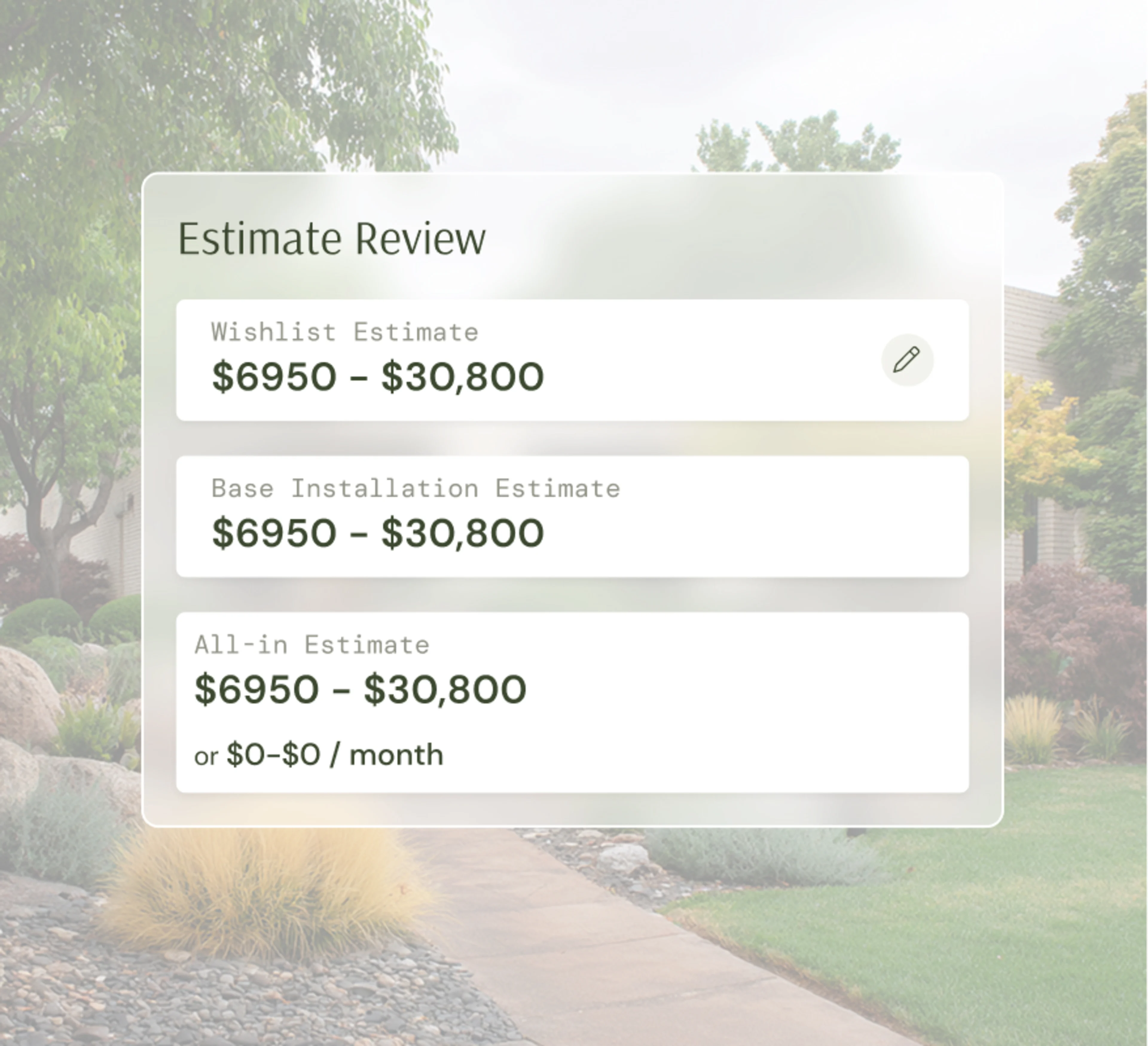 Estimate review interface overlay showing project cost breakdown and monthly payment options.