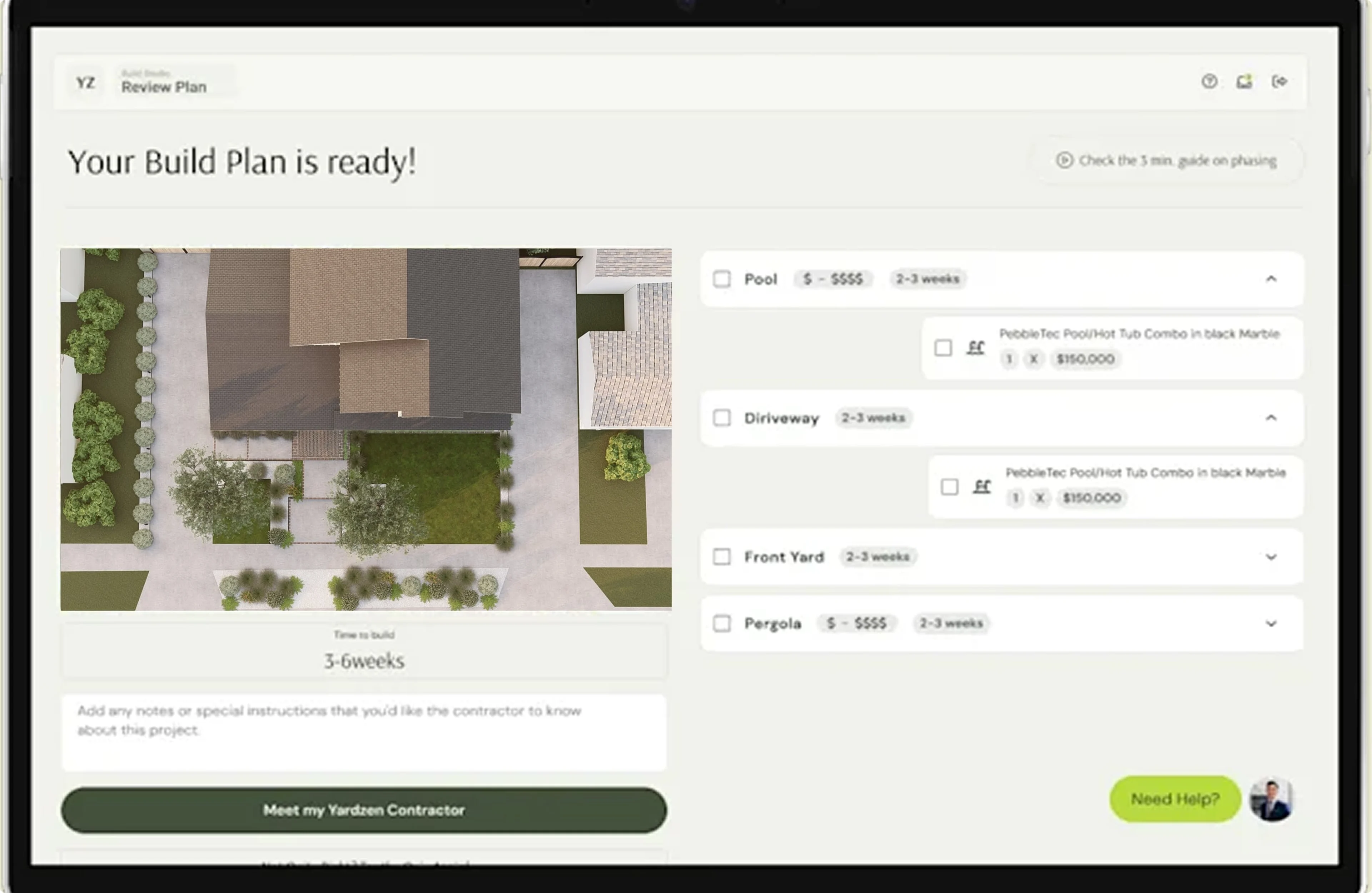Digital interface showing a completed build plan with aerial garden view and cost breakdown.