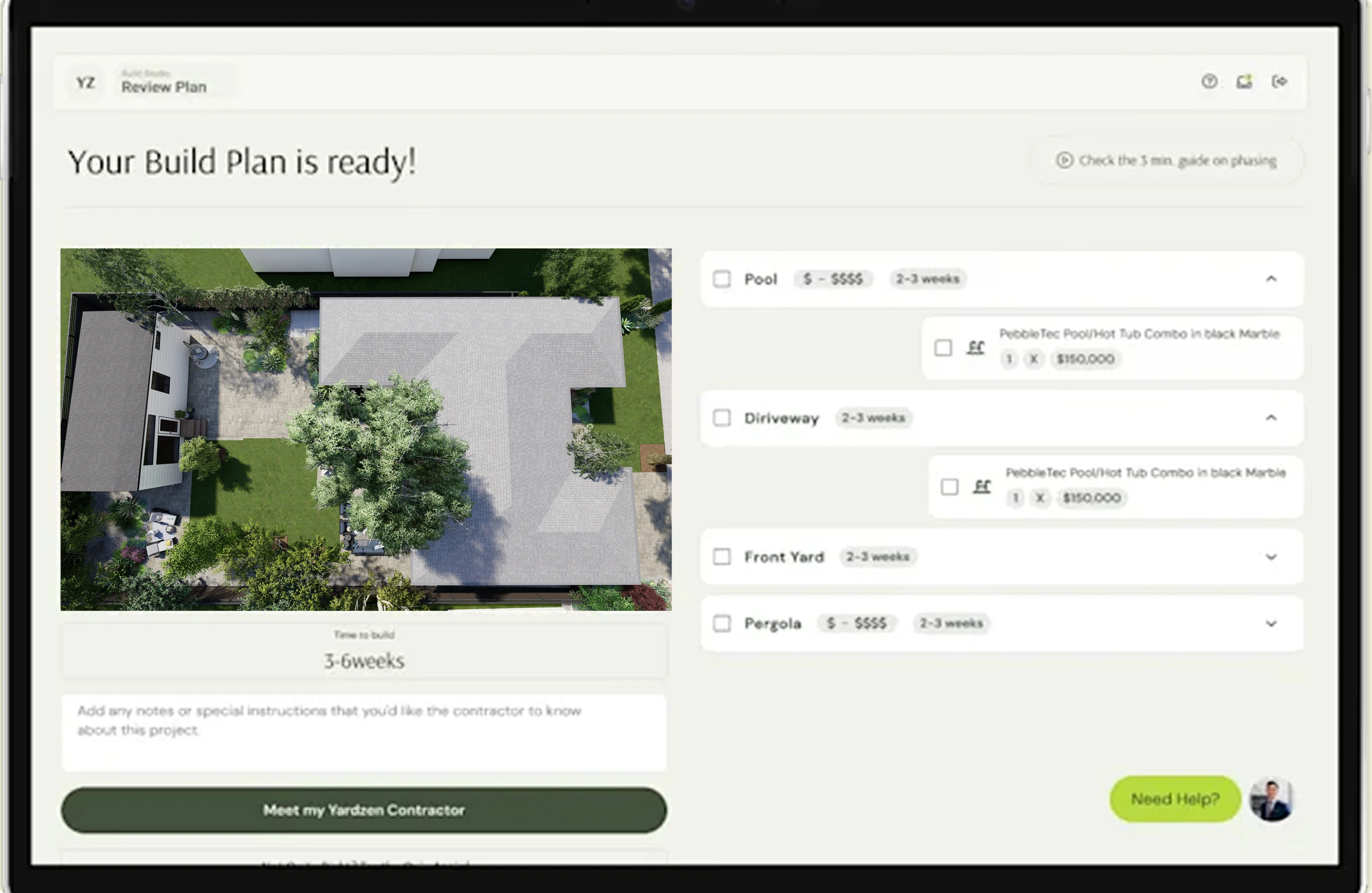 Digital interface showing a completed build plan with aerial backyard view and cost breakdown.
