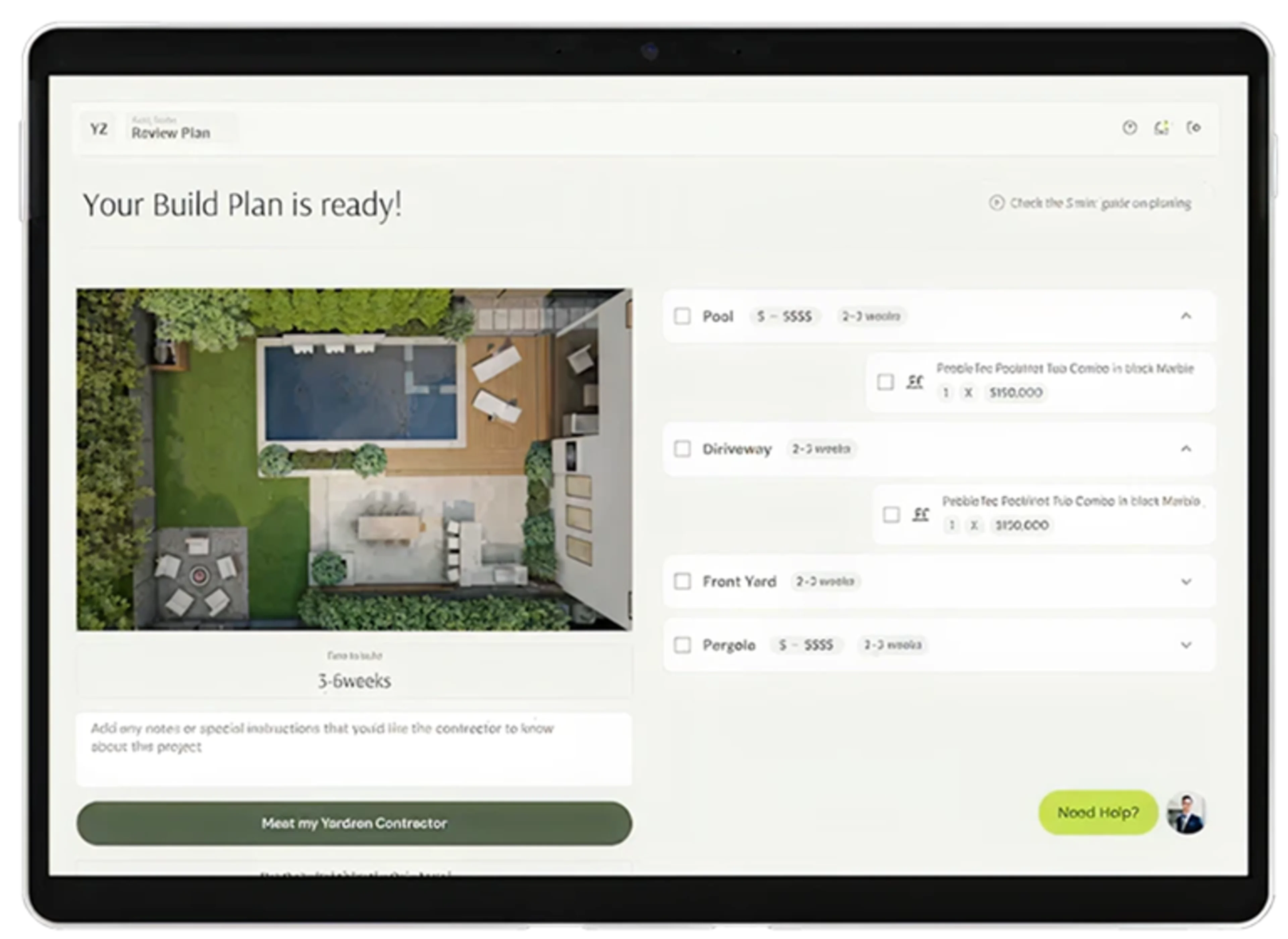 Tablet showing a personalized backyard design plan.