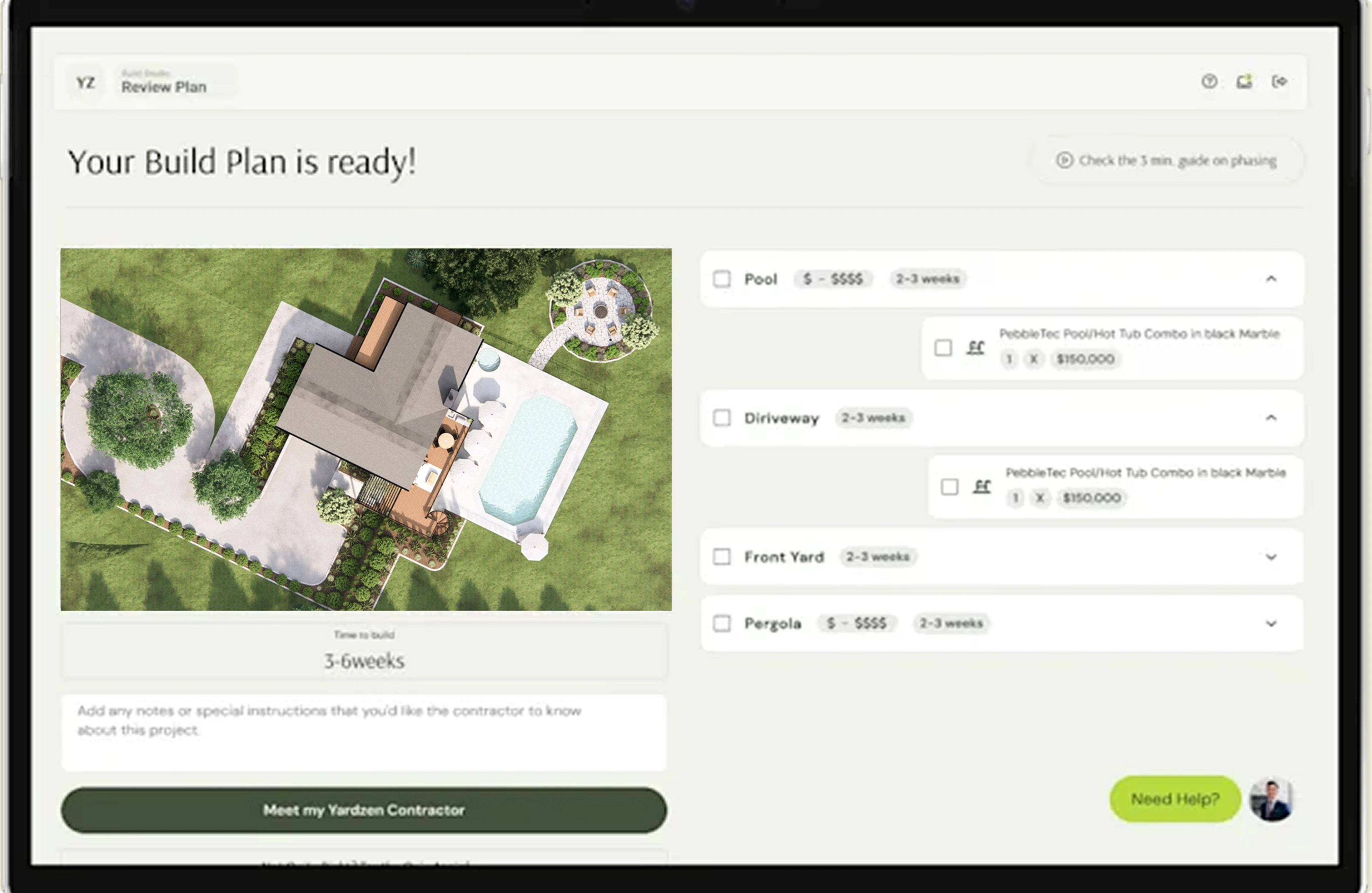 Digital interface showing a completed build plan with aerial renderings, feature list, and project summary.