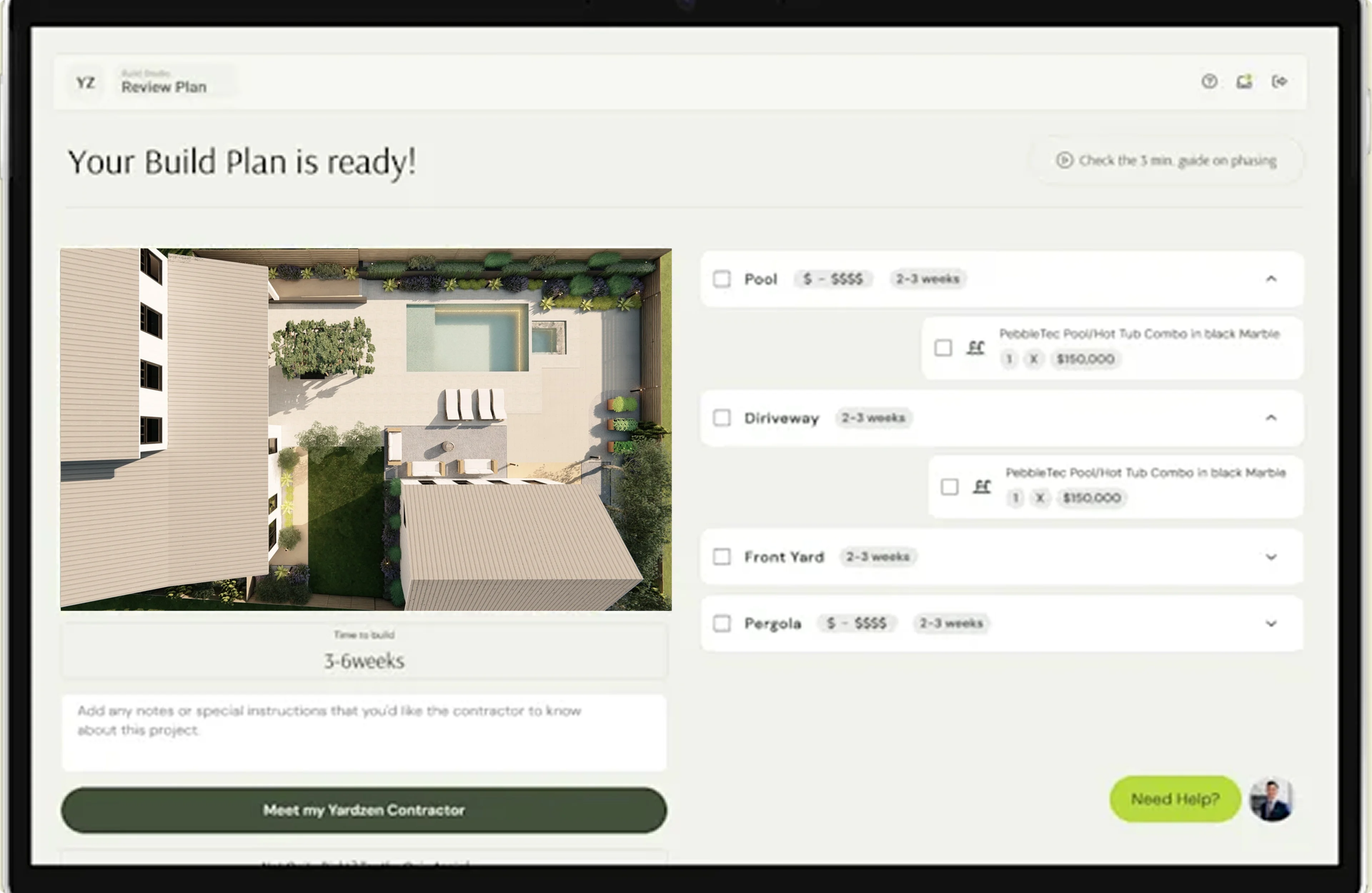Digital interface showing a completed build plan with aerial backyard view and cost breakdown.