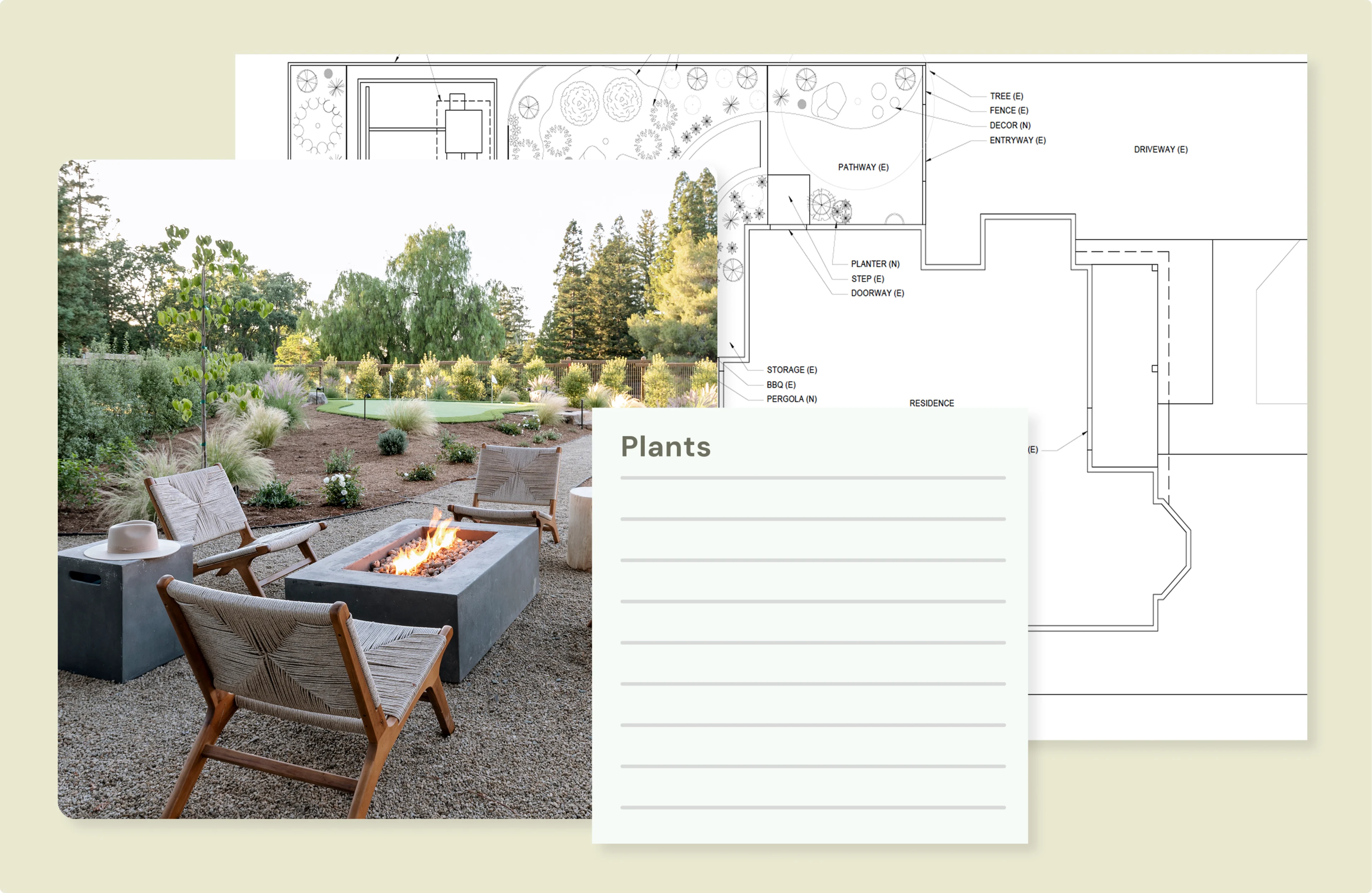 Overlay of garden design plans with a raised planter box filled with plants in front.