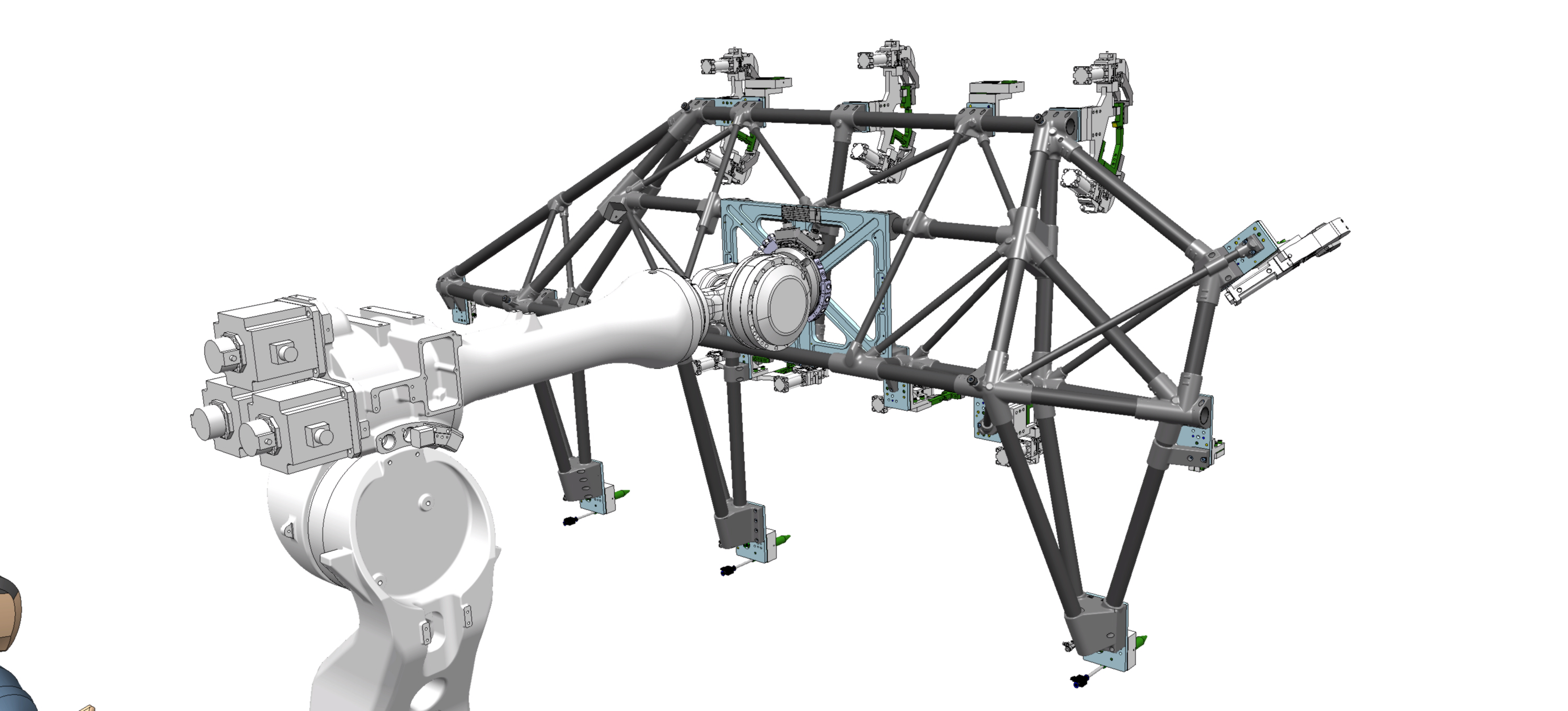 A render of a gripping jig attached to a robotic arm