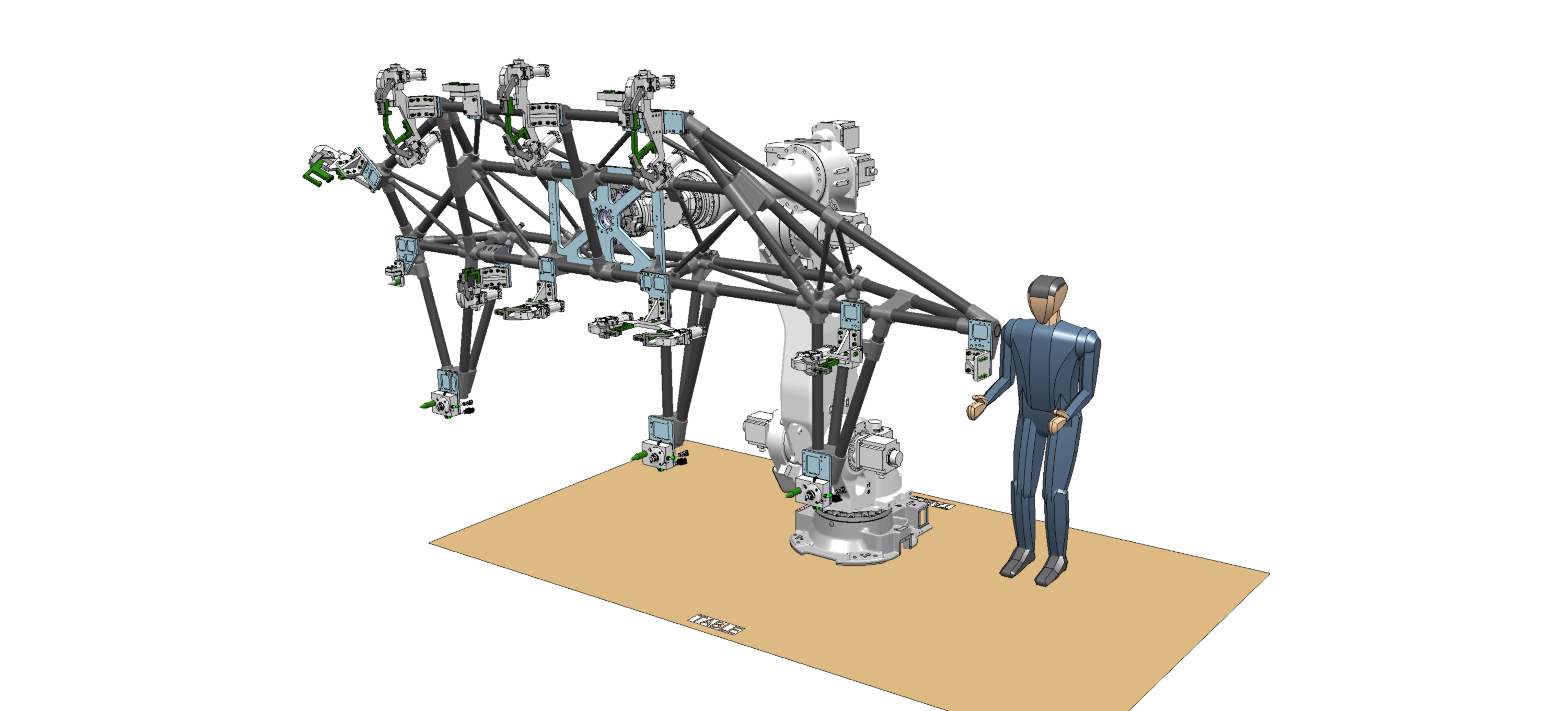 A render of a factory worker standing next to a large robotic arm used to grip parts