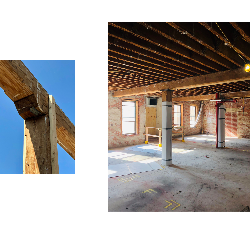 Longleaf pine beams in brick and timber construction.