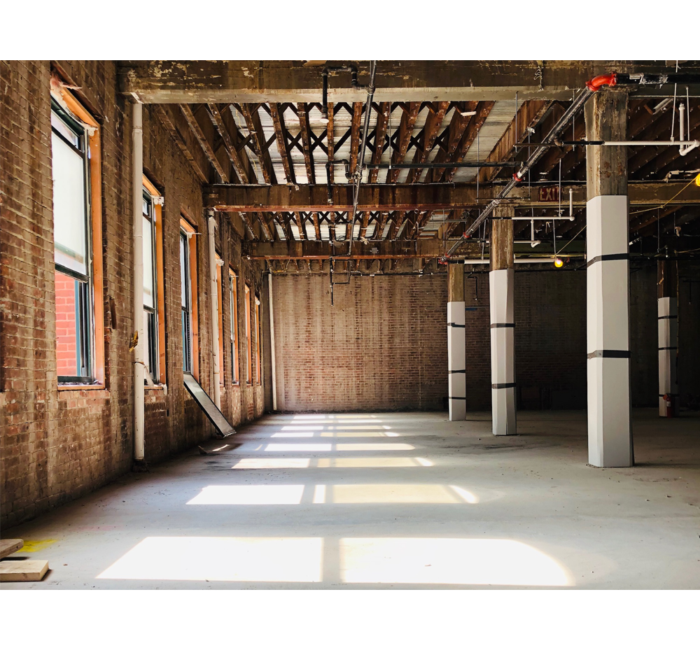 High ceilings and large windows.