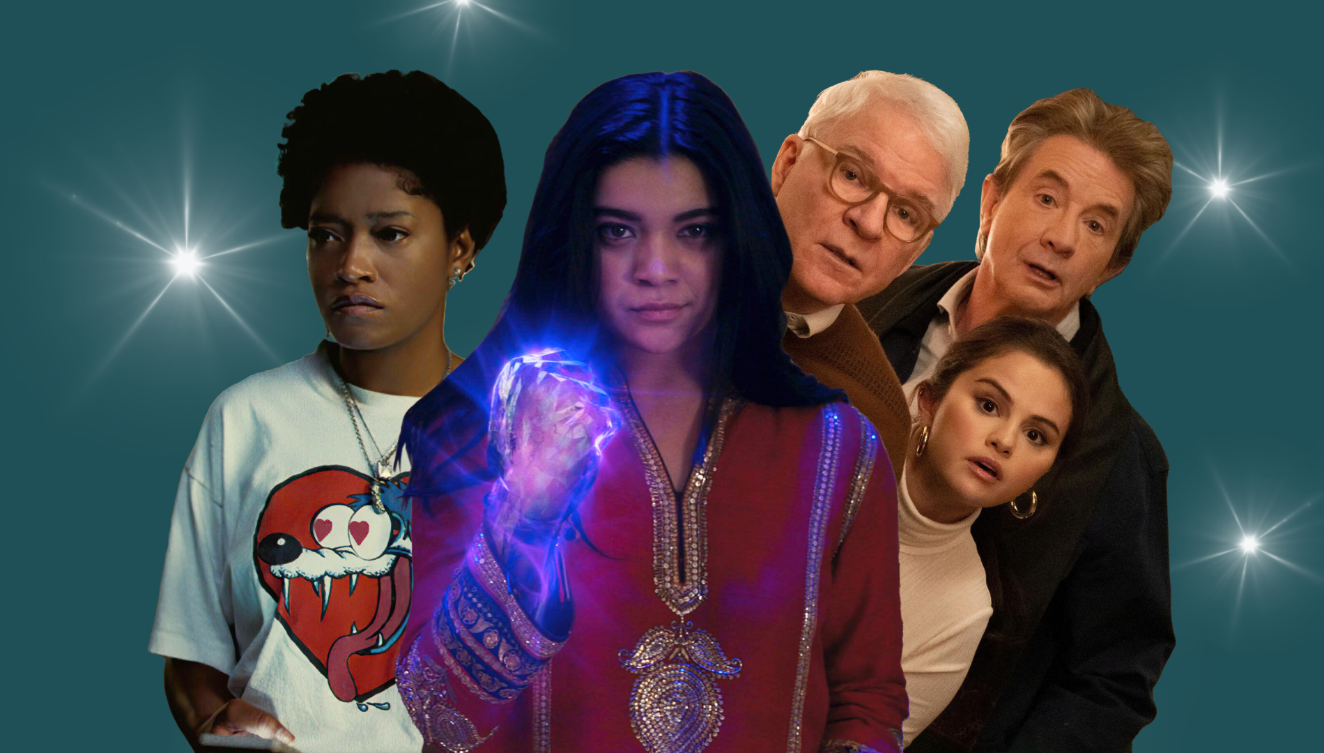 Pop Cultured with theSkimm promo image for July 12, 2022 featuring Keke Palmer, Iman Vellani, Steve Martin, Selena Gomez and Martin Short.