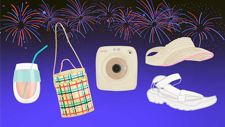 July Peak Summer Smarter Pack Illustration with camera, sandals, wine cup, cooler