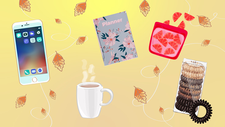 Smarter Pack September Routine Refresh with blue light blocker, mug of coffee, hair ties, planner, and food stasher