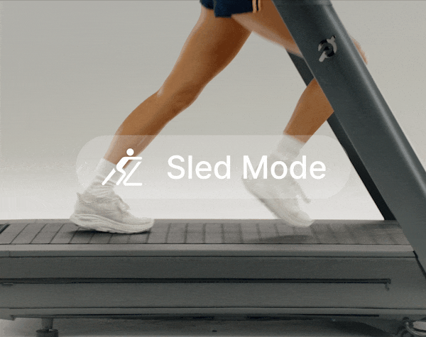 A person powering a Peloton slat-belt Peloton Tread+ Vision treadmill with just their legs and an overlay showing additional resistance being added to the belt