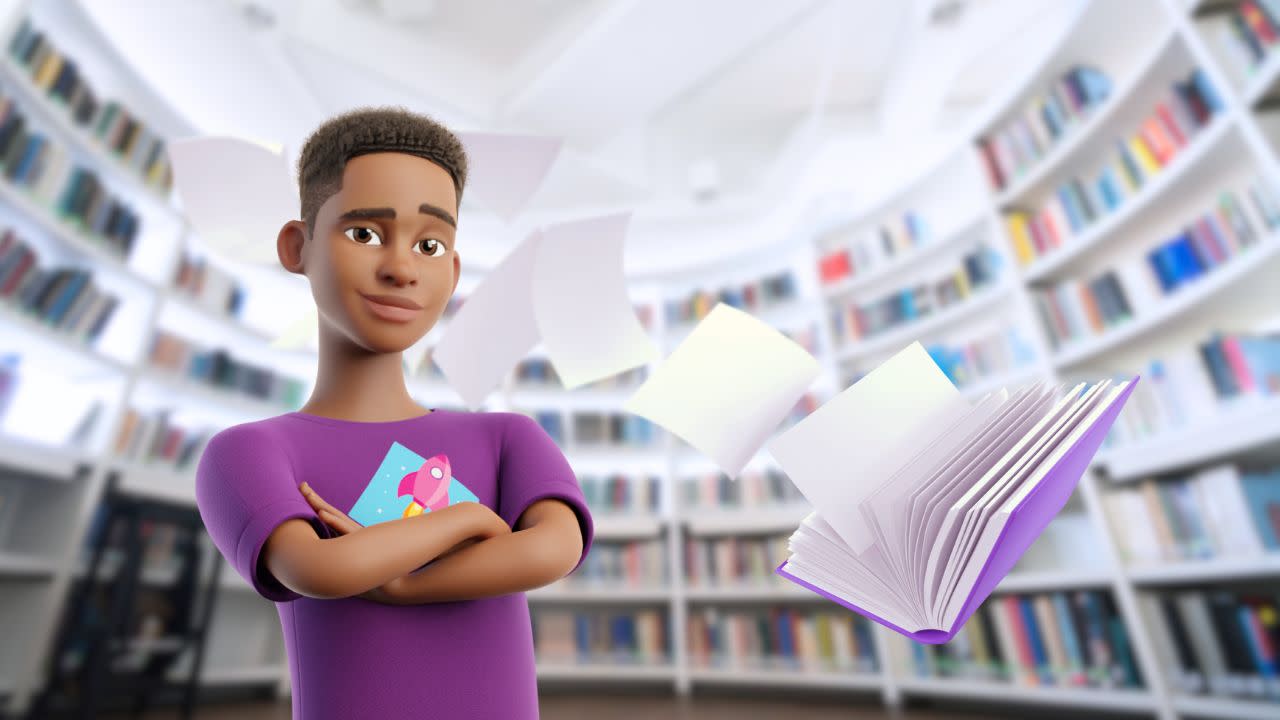 illustratie van een jongen in een bibliotheek met een zwevend boek Polarisatie Skills dojo