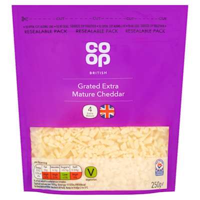 Co-op British Grated Extra Mature Cheddar 250g Co-op British Grated Extra Mature Cheddar 250g