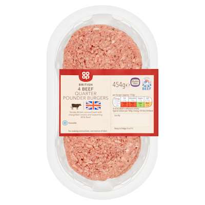 Co-op British Quarter Pounder Burgers 4 Pack 454g Co-op British Quarter Pounder Burgers 4 Pack 454g