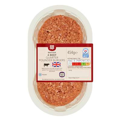 Co-op British Quarter Pounder Burgers 4 Pack 454g Co-op British Quarter Pounder Burgers 4 Pack 454g