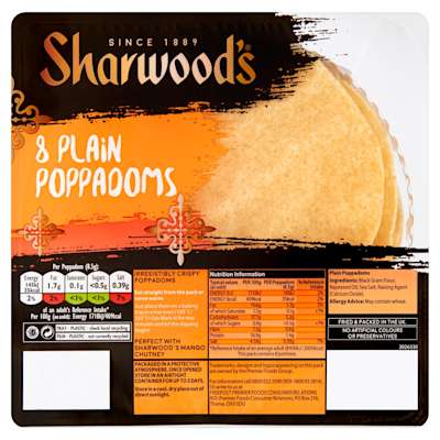 Sharwood's 8 Ready To Eat Poppadoms 72g Sharwood's 8 Ready To Eat Poppadoms 72g