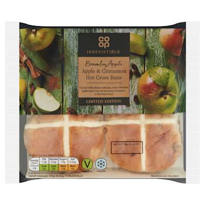 Co-op Irresistible Limited Edition Bramley Apple & Cinnamon Hot Cross Buns 4 Pack Co-op Irresistible Limited Edition Bramley Apple & Cinnamon Hot Cross Buns 4 Pack