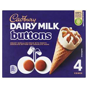 Cadbury Buttons Ice Cream Cone 4x100ml             Cadbury Buttons Ice Cream Cone 4x100ml