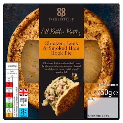 Co-op Irresistible Chicken Leek & Smoked Ham Hock Pie 250g Co-op Irresistible Chicken Leek & Smoked Ham Hock Pie 250g
