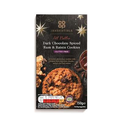 Co-op Irresistible Dark Chocolate Spiced Rum & Raisin Cookies 150g Co-op Irresistible Dark Chocolate Spiced Rum & Raisin Cookies 150g