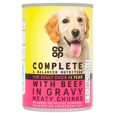 Co-op Complete & Balanced Nutrition for Adult Dogs with Beef in Gravy Meaty Chunks +1yr 400g Co-op Complete & Balanced Nutrition for Adult Dogs with Beef in Gravy Meaty Chunks +1yr 400g