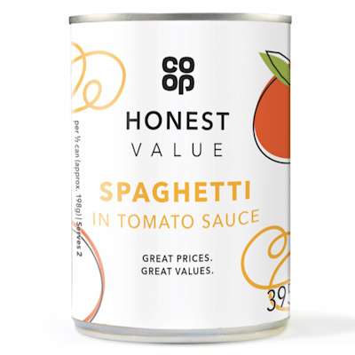 Co-op Honest Value Spaghetti in Tomato Sauce 395g Co-op Honest Value Spaghetti in Tomato Sauce 395g
