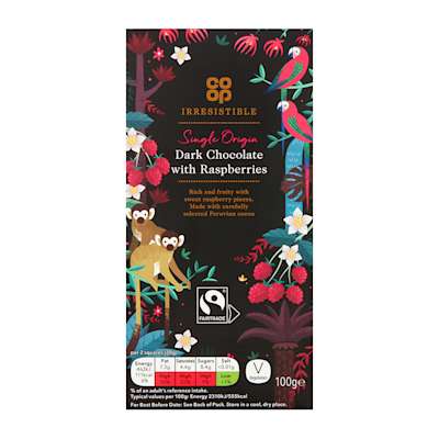 Co-op Irresistible Dark Chocolate 57% Raspberry 100g Co-op Irresistible Dark Chocolate 57% Raspberry 100g